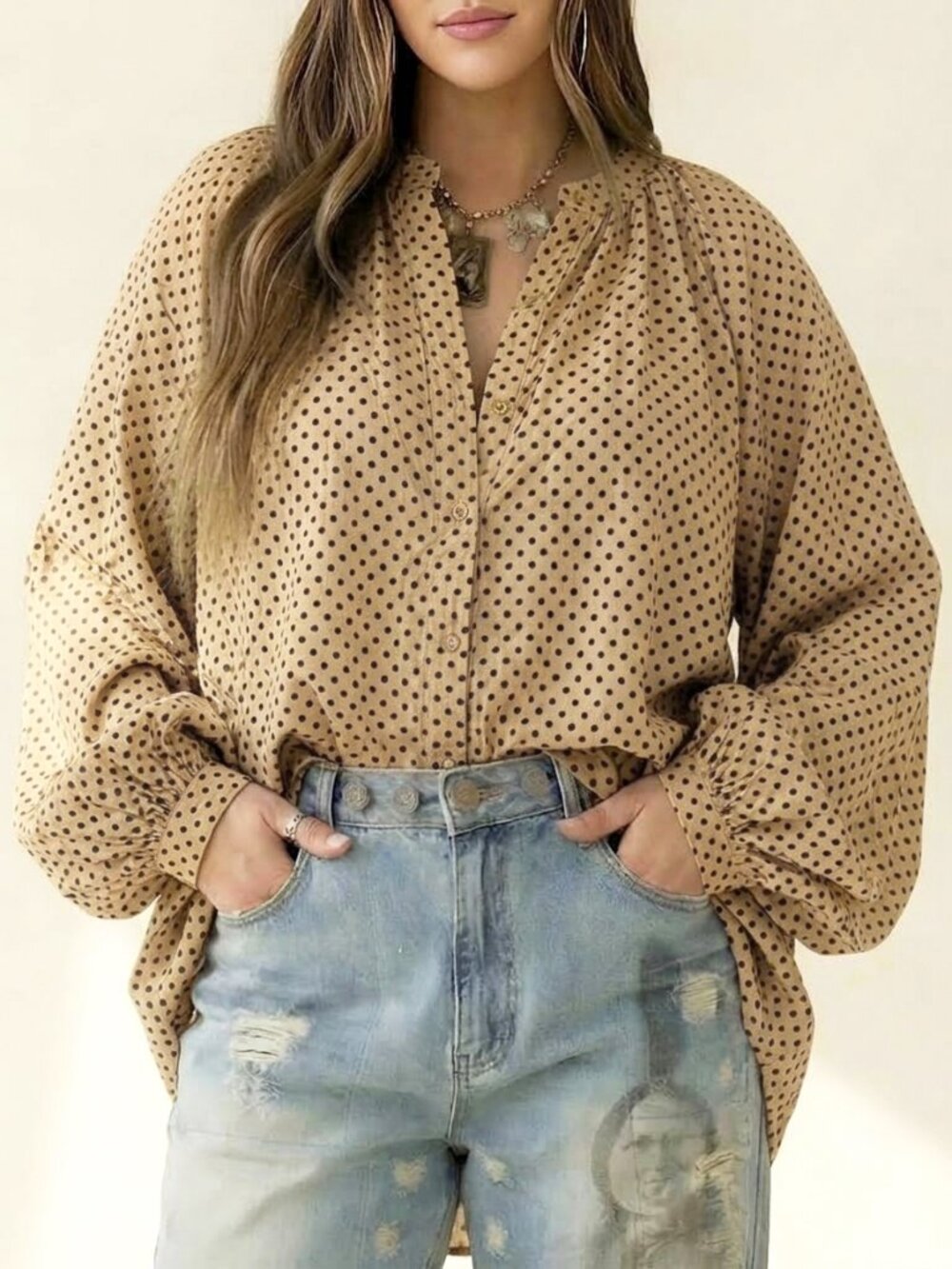 Jaded Gypsy Sweet Nothings Polka Dot Button Down Top O/S